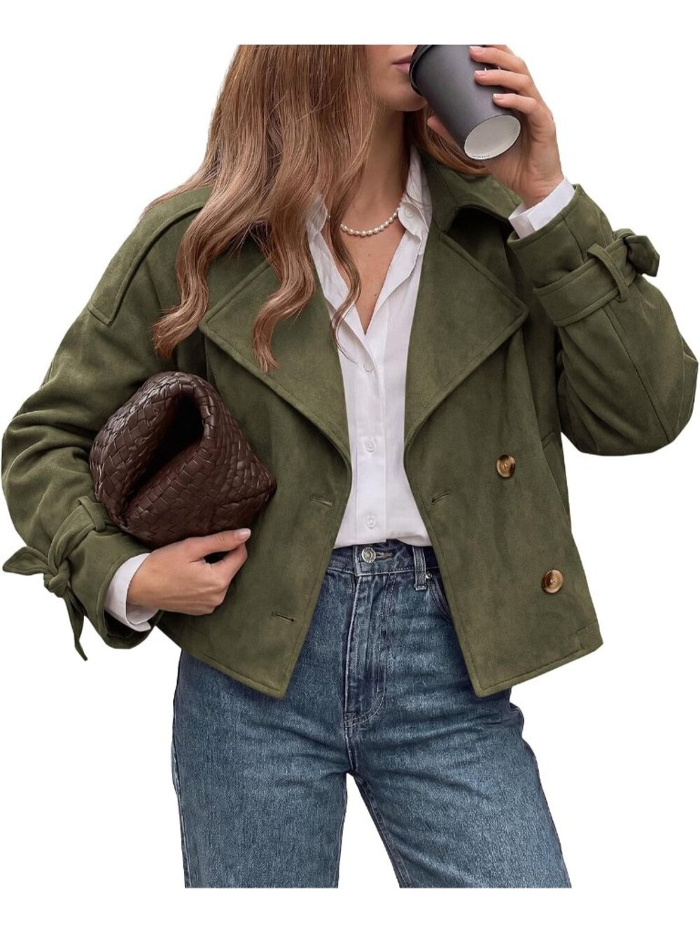 Women Army Green Faux Suede Long Sleeve Button Down Tie Cuff Lapel Trench Coat